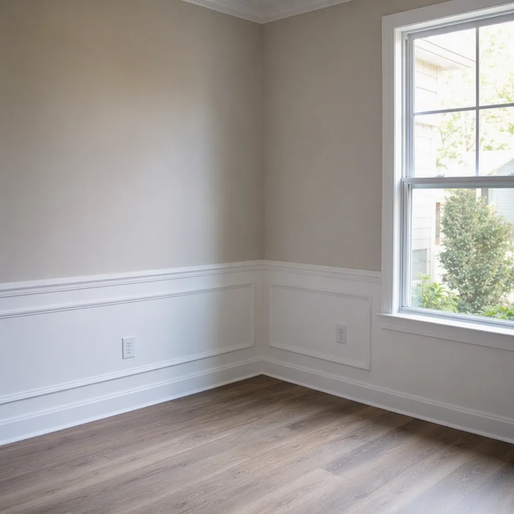A finished corner of a residential room with the protective covering just pulled back off it, the work newly revealed and spotless
