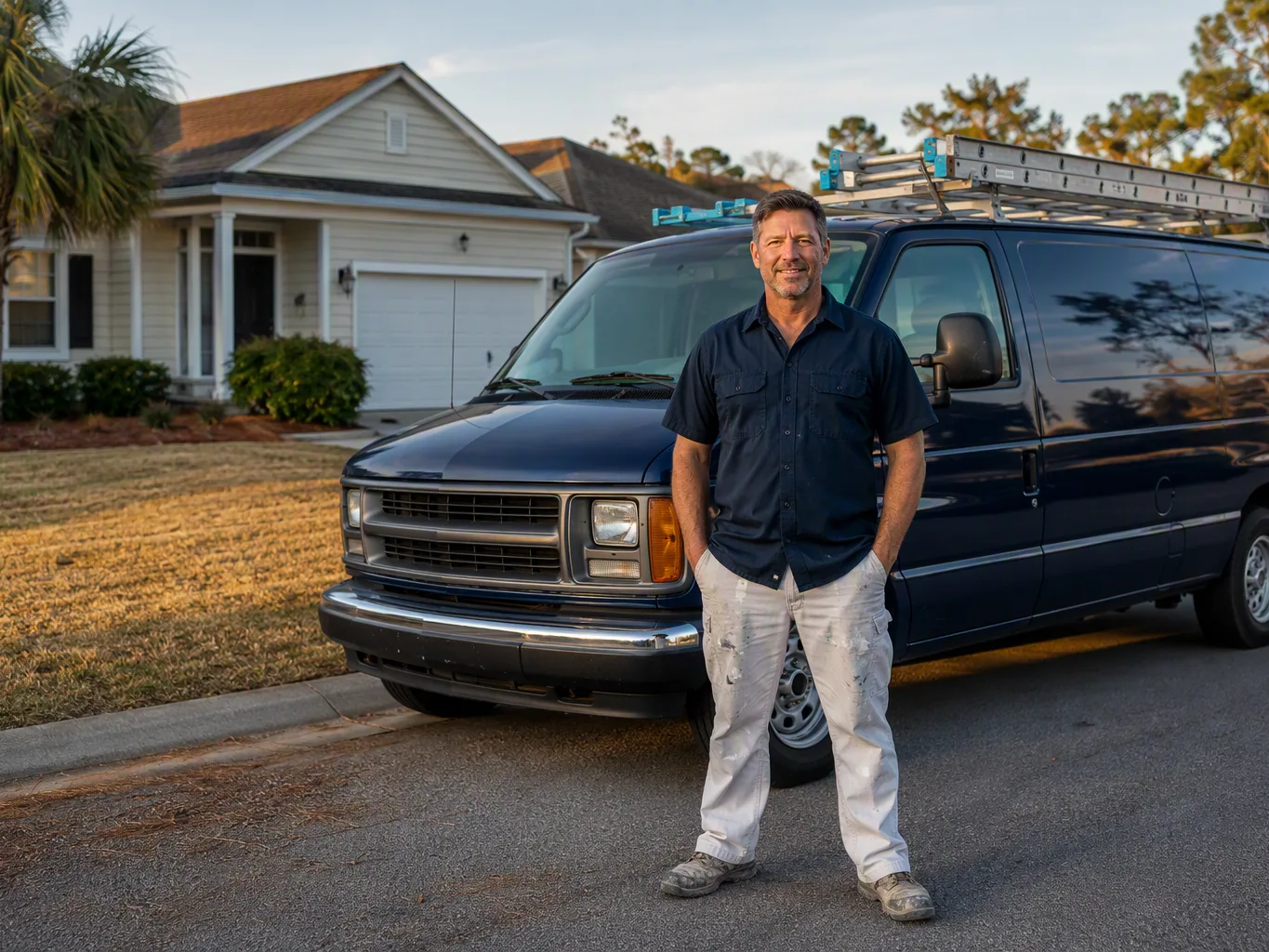 The owner of Kinol Bros Painting standing beside a navy service van outside a home in Myrtle Beach