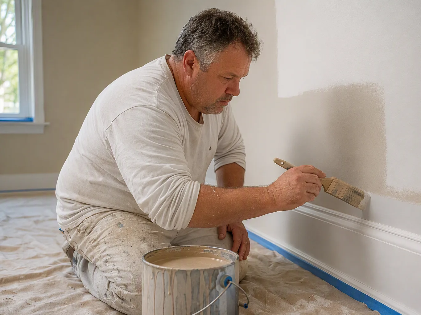 A house painter working on a residential interior painting job — mid-task, hands, tools and the work itself in sharp focus, the rest of the space softly out of focus