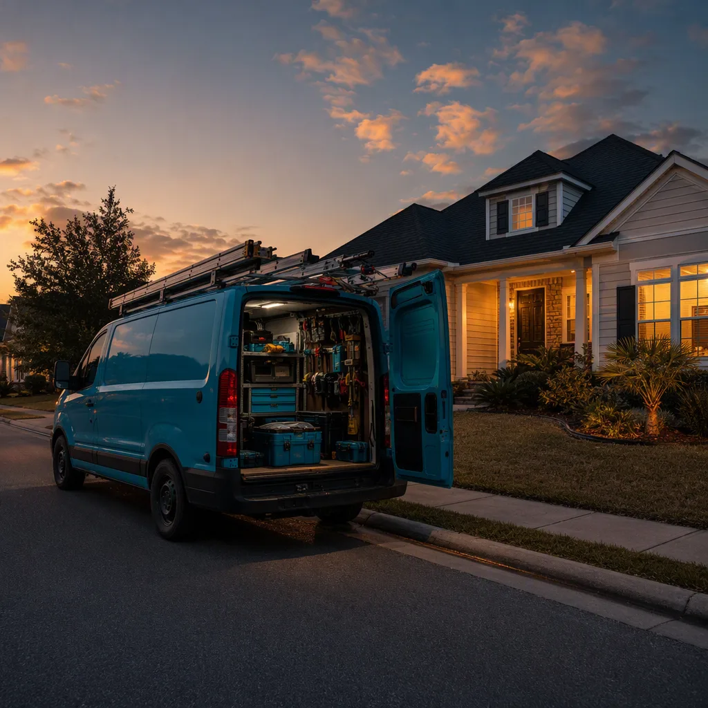 A van packed up at dusk at the kerb outside a suburban home with its windows warmly lit, the last of the light behind the roofline