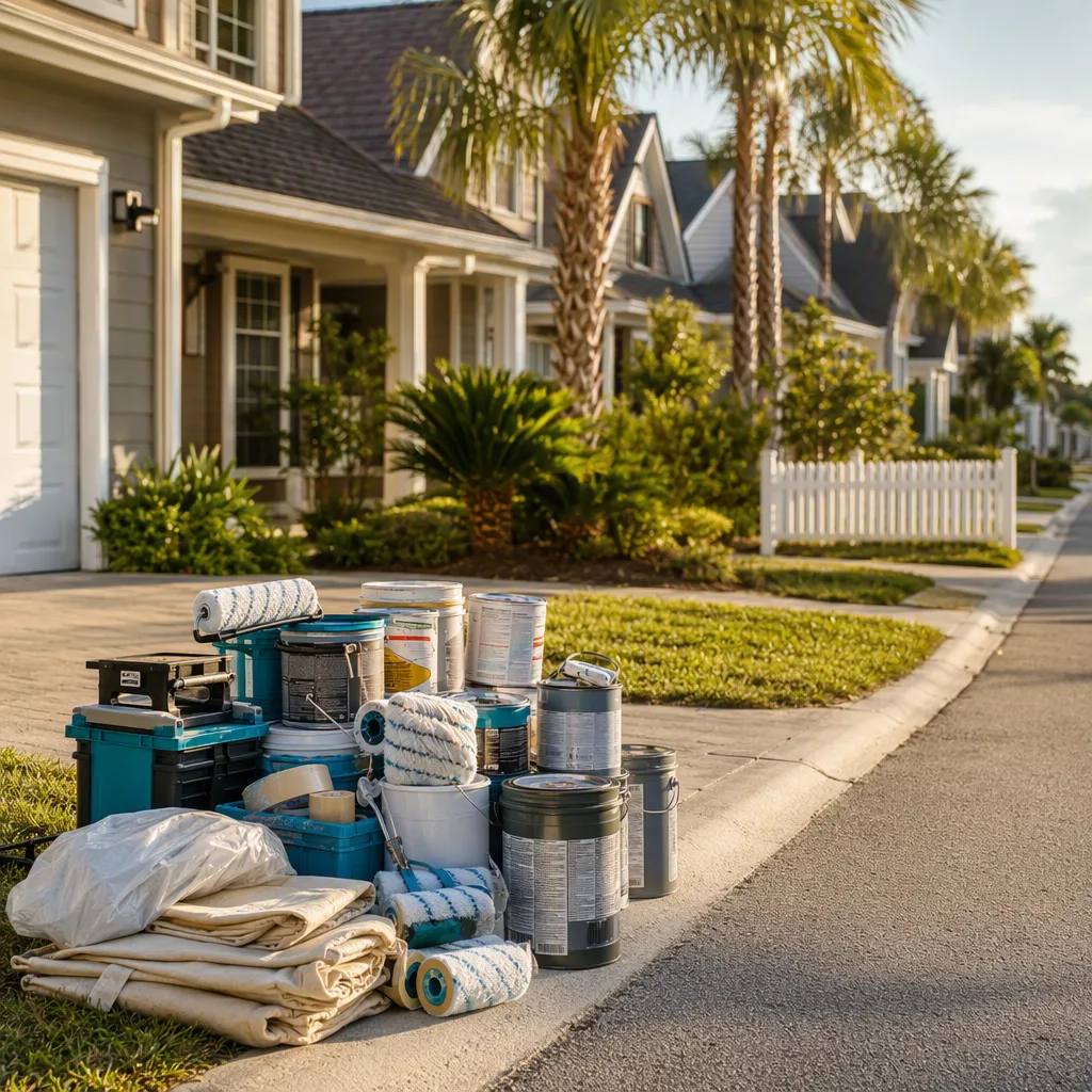 A delivery of paint cans, drop cloths, rollers and masking stacked neatly at the kerb outside a suburban home, ready for the day