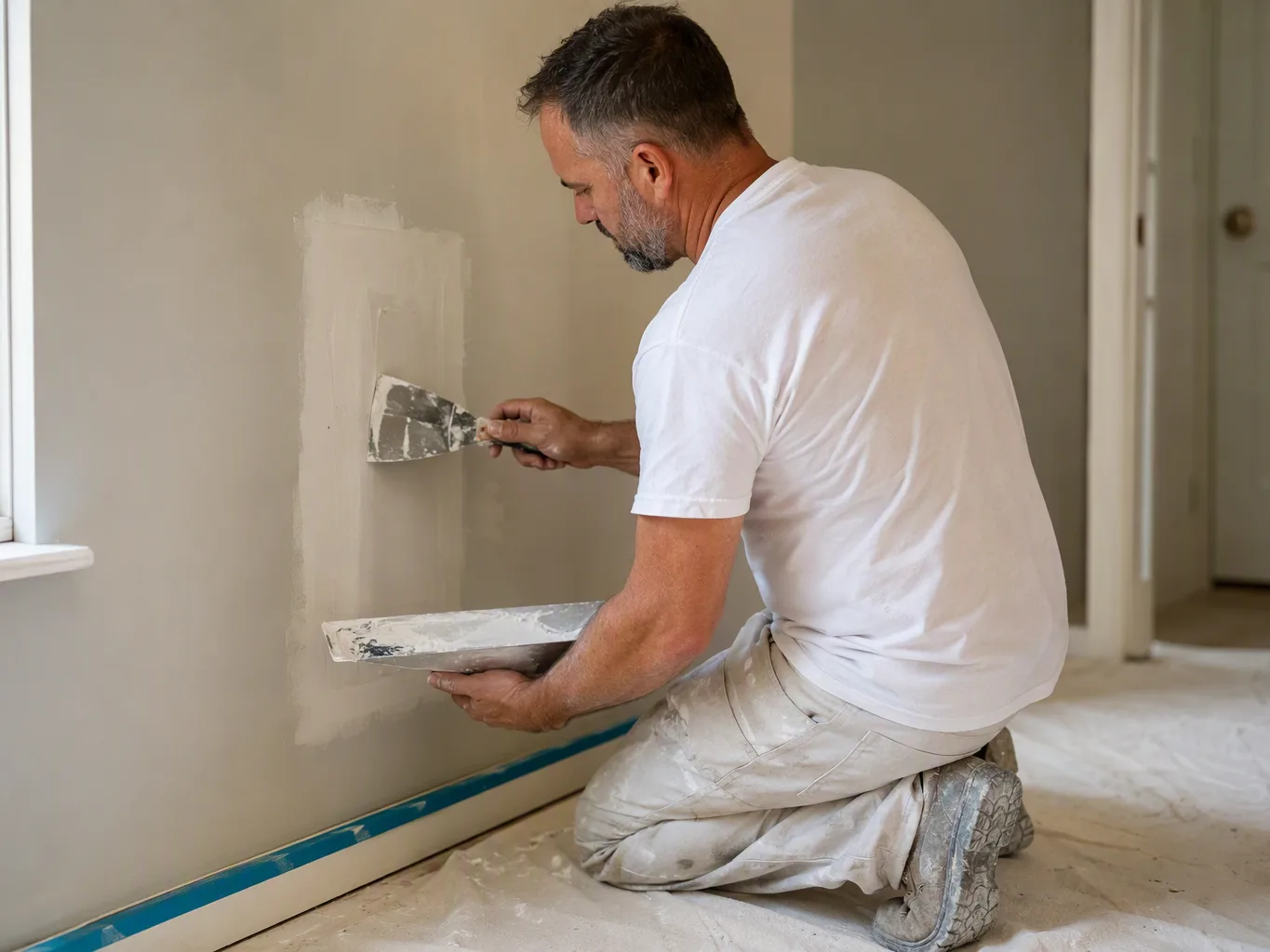 A house painter working on a residential drywall repair job — mid-task, hands, tools and the work itself in sharp focus, the rest of the space softly out of focus