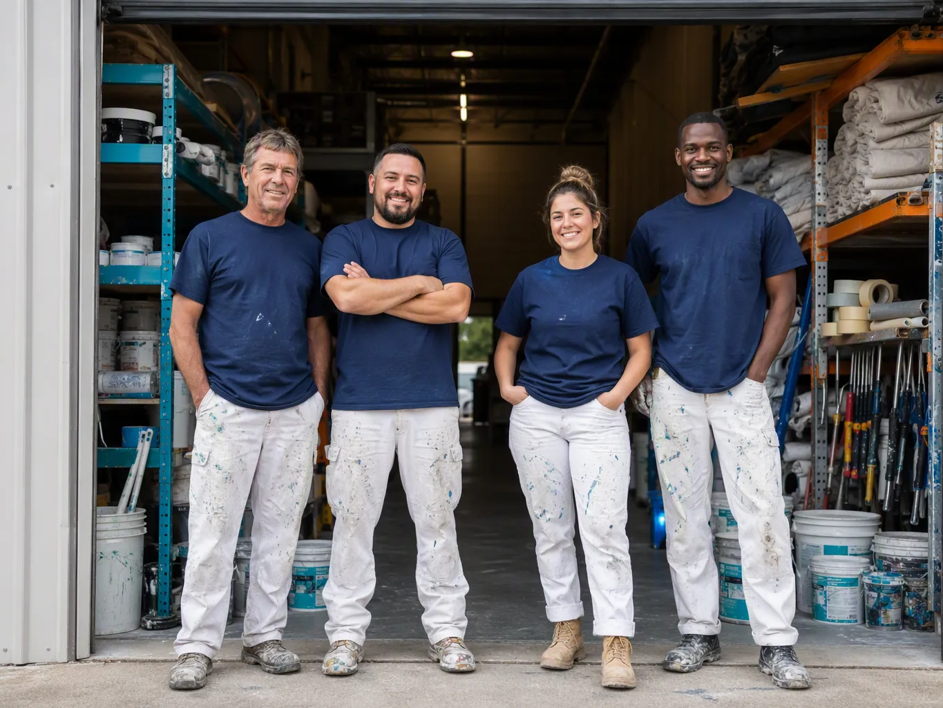 Four Kinol Bros Painting painters standing together outside an open industrial painting shop