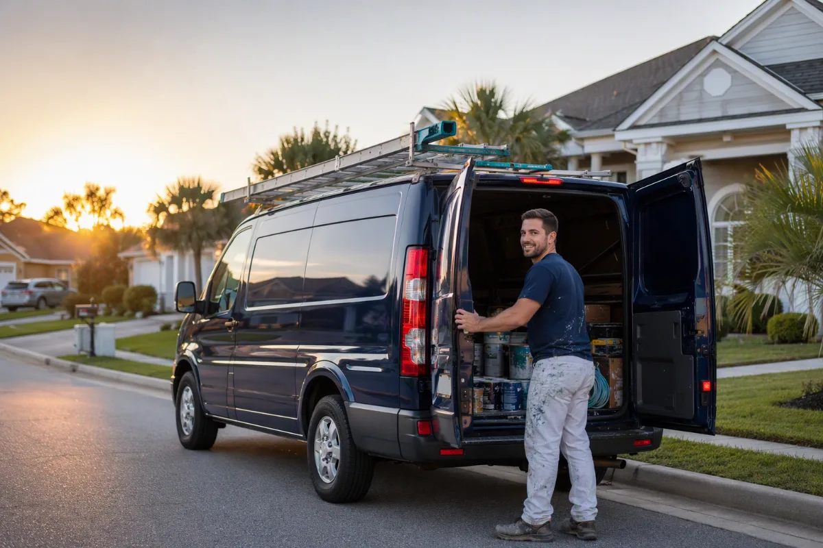 Kinol Bros Painting service van parked outside a home in Myrtle Beach