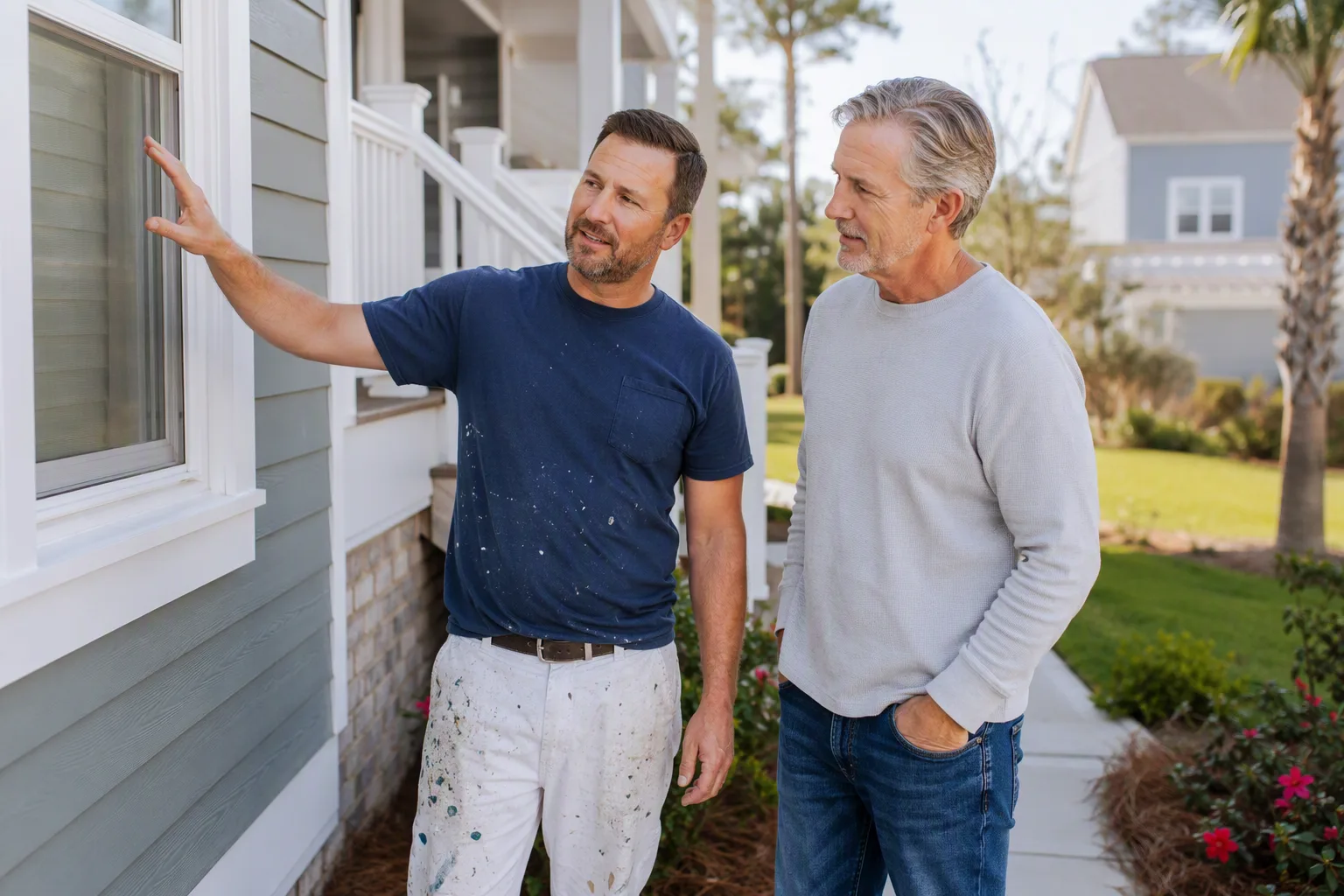 A house painter in a plain navy work shirt walking a homeowner through the finished work, both looking at the job rather than the camera