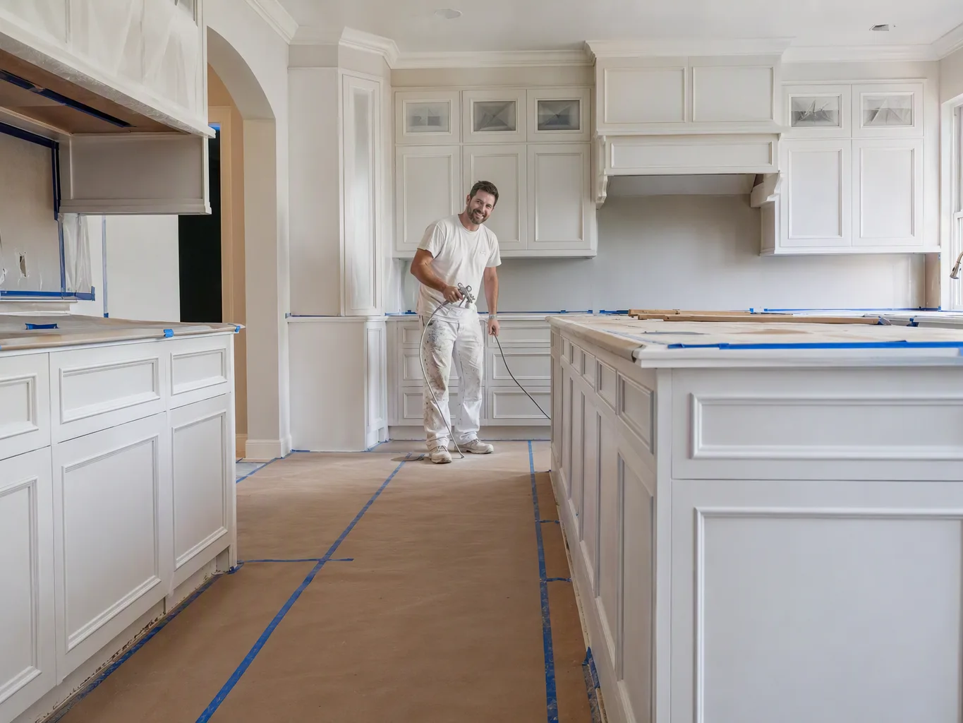 A house painter working on a residential cabinet painting job — mid-task, hands, tools and the work itself in sharp focus, the rest of the space softly out of focus