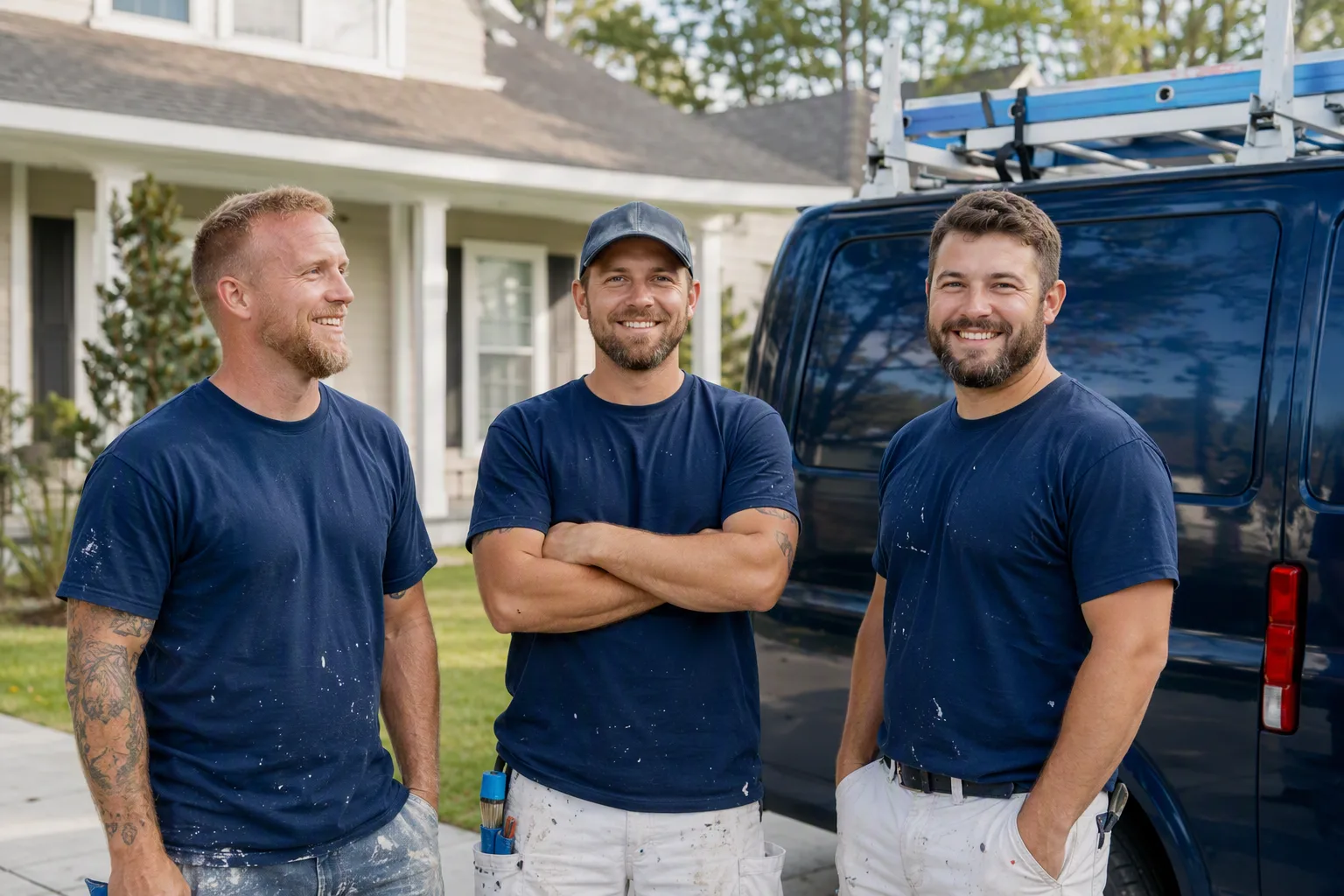 A small team of painting technicians in plain navy work shirts standing together outside a well-kept suburban home, relaxed and not posed, one navy service van visible just behind them