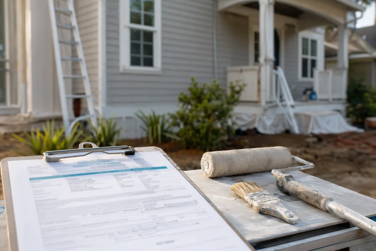 A clipboard with an out-of-focus, unreadable estimate resting on a work surface beside a roller pole and cut-in brush, a residential job softly blurred behind it