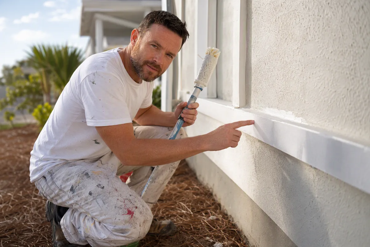 A house painter inspecting the trouble spot on a residential painting job, crouched close to the work with a roller pole and cut-in brush in hand, natural side light raking across the surface