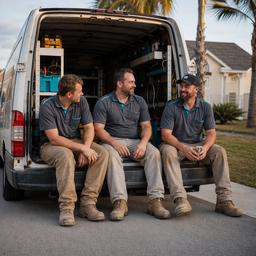A small crew sitting on the open tailgate of a van at the end of a job, relaxed and talking, tools packed away behind them
