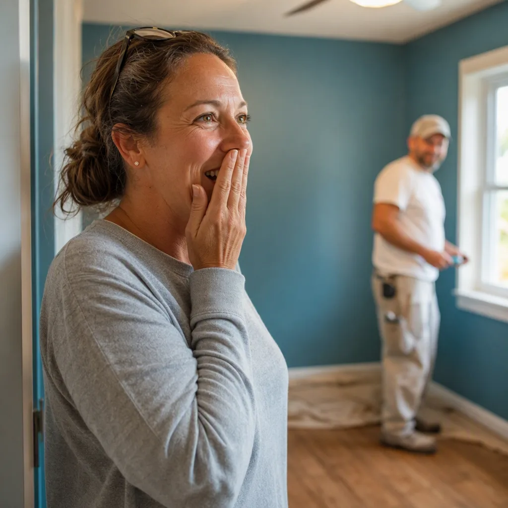A homeowner seeing their finished room for the first time, hand to their mouth, delighted and entirely unposed