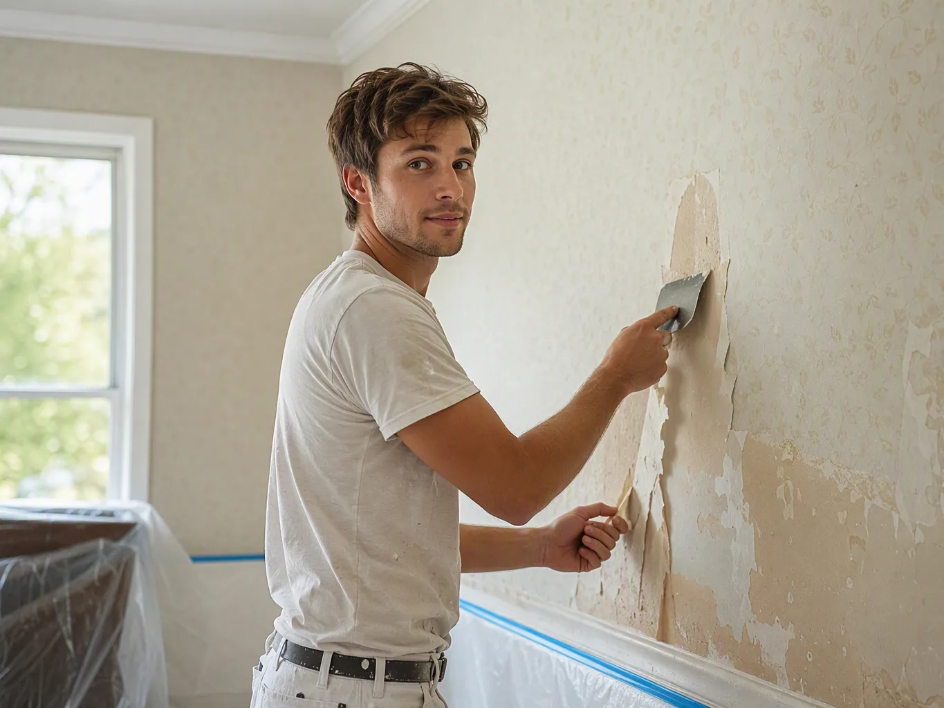 A house painter working on a residential wallpaper removal job — mid-task, hands, tools and the work itself in sharp focus, the rest of the space softly out of focus