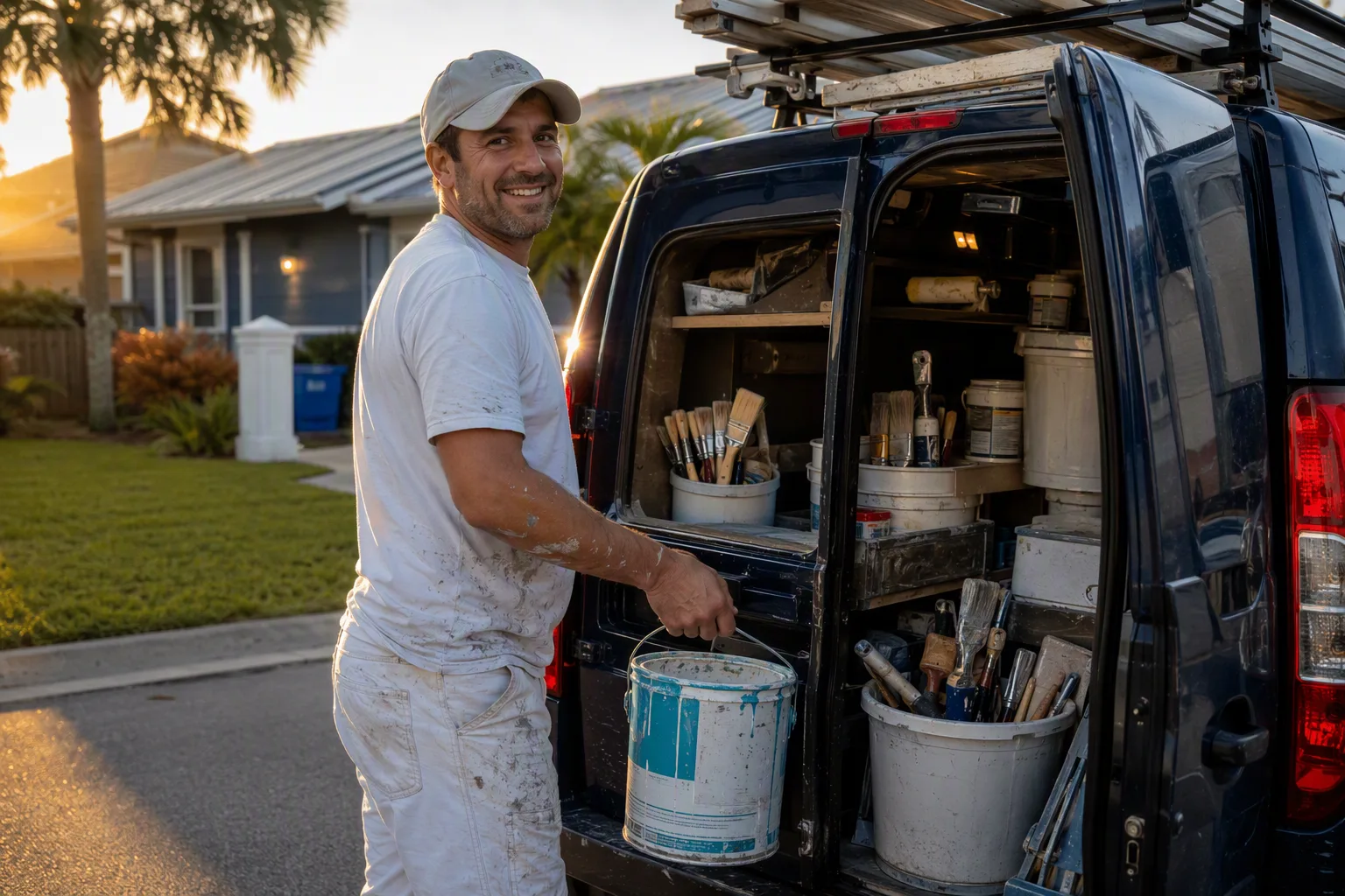 A house painter loading tools back into a navy service van at the kerb outside a suburban home at the end of a job