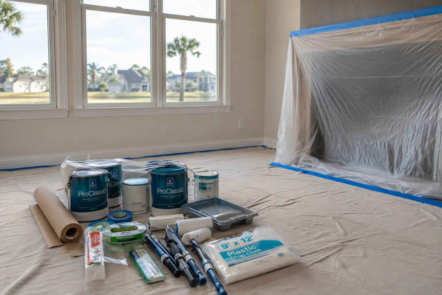 Materials staged neatly at the start of a residential job — paint cans, drop cloths, rollers and masking laid out beside a protected work area