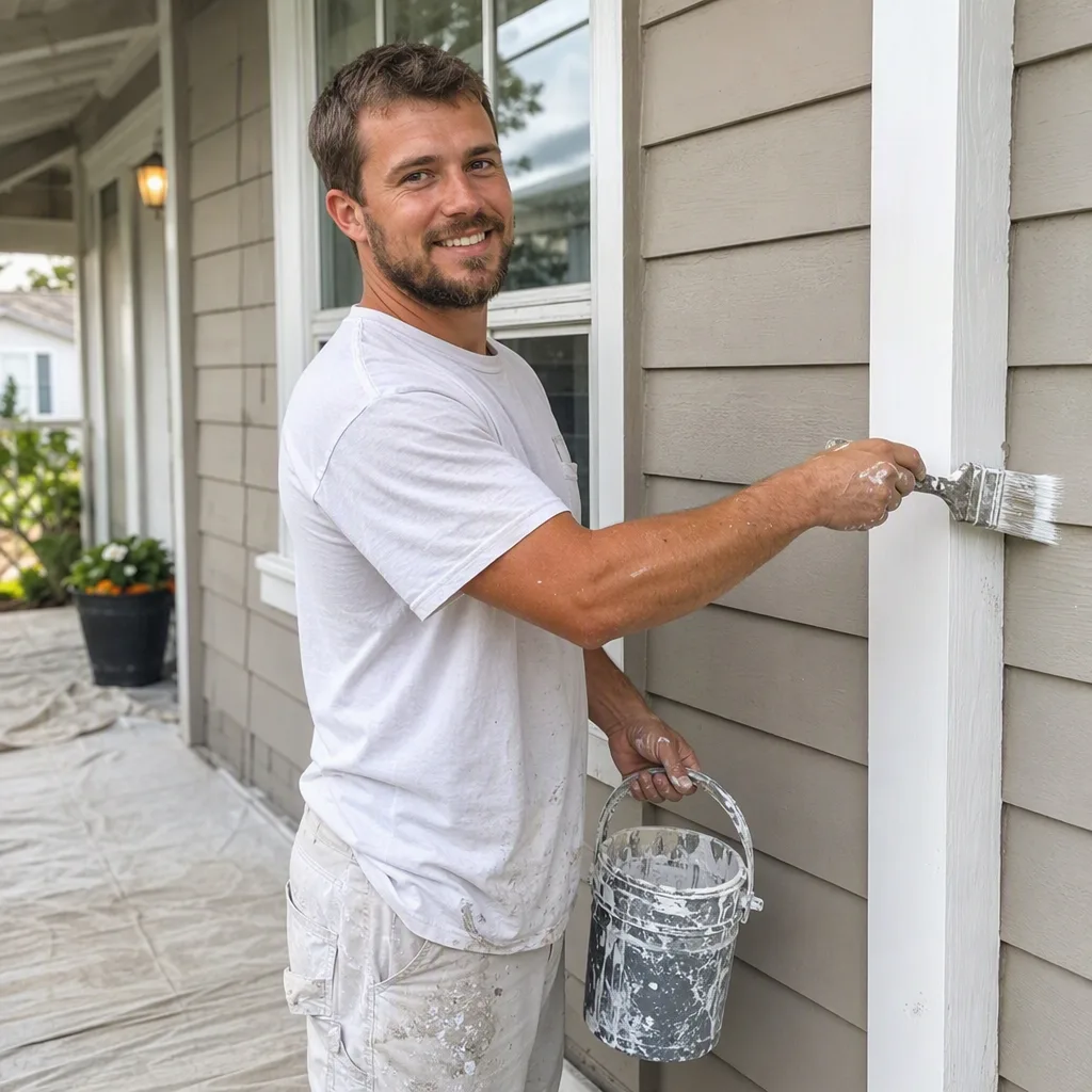 A house painter mid-job at a residential site, caught rather than posed, the kind of everyday moment a small company posts from a phone