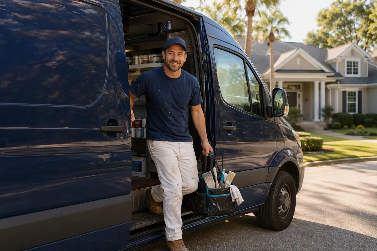 A navy service van arriving outside a well-kept suburban home, a house painter stepping out with a tool bag