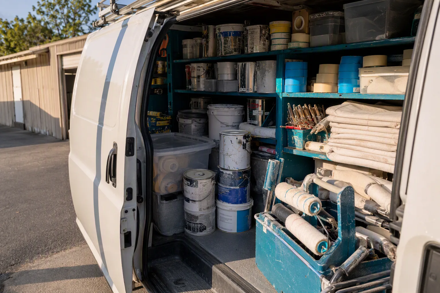 An organized painting service van parked outside a workshop