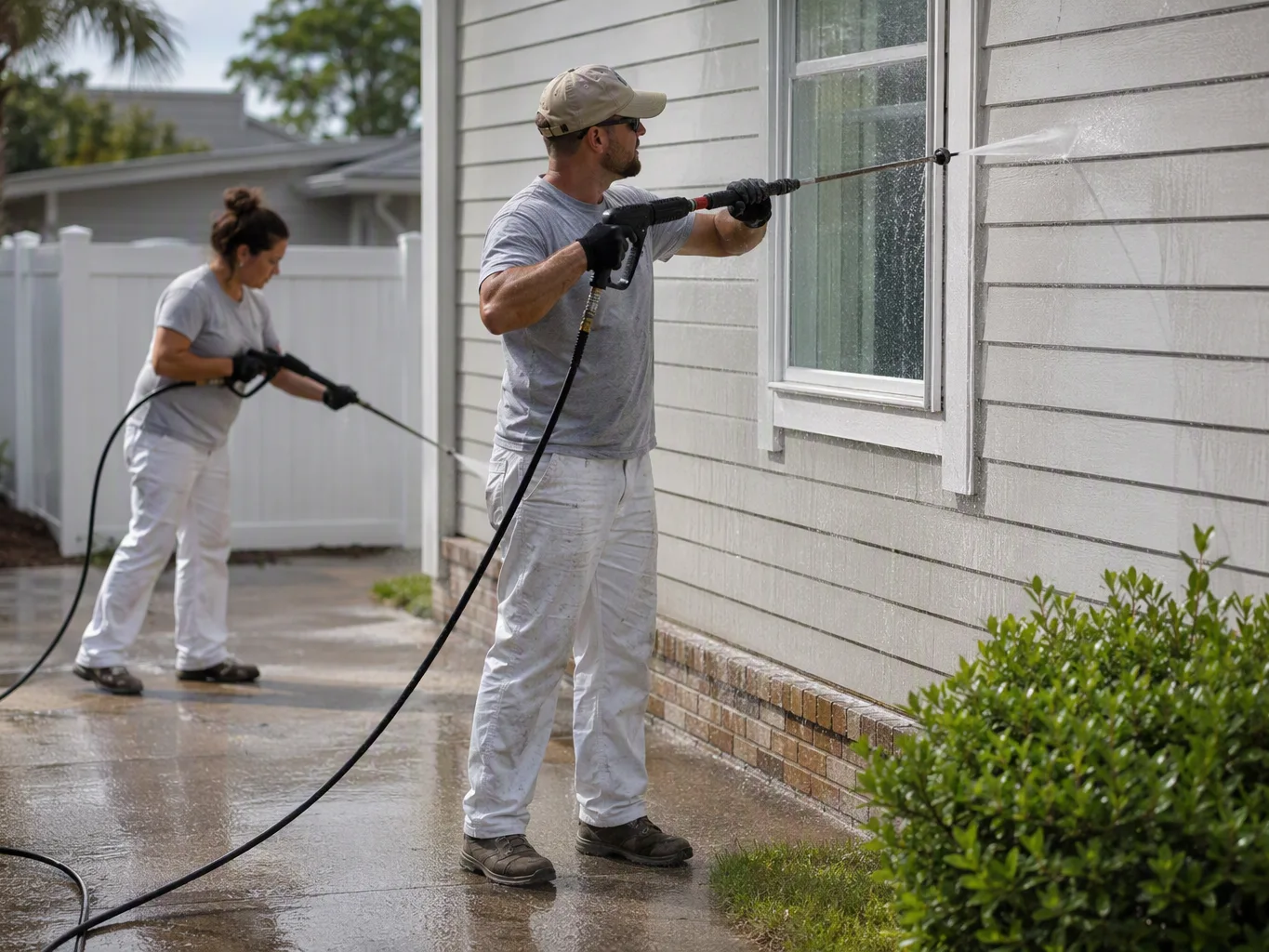 A house painter working on a residential pressure washing job — mid-task, hands, tools and the work itself in sharp focus, the rest of the space softly out of focus