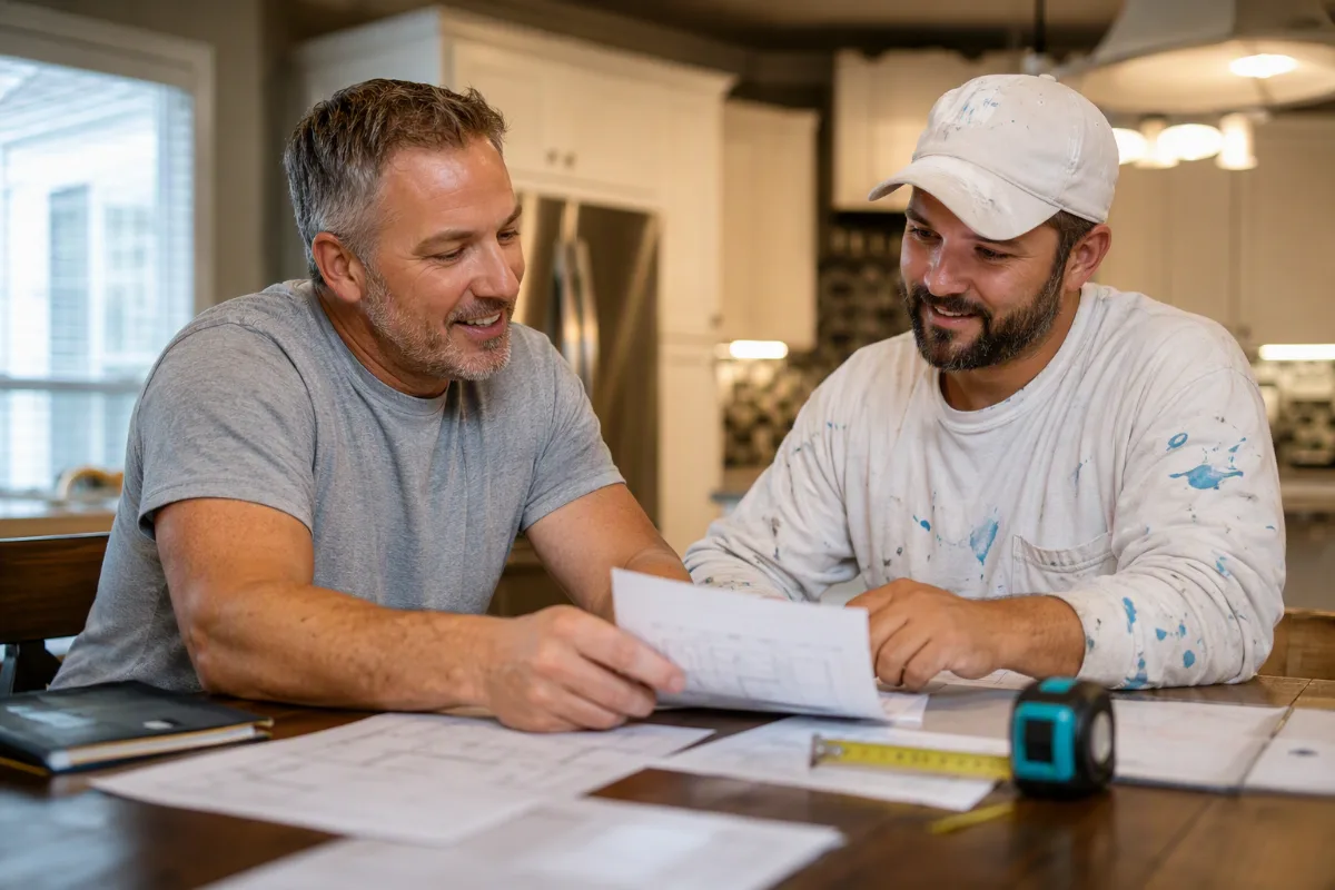 A homeowner and a house painter reviewing plans together at a kitchen table, paperwork and a tape measure between them, both engaged in the conversation